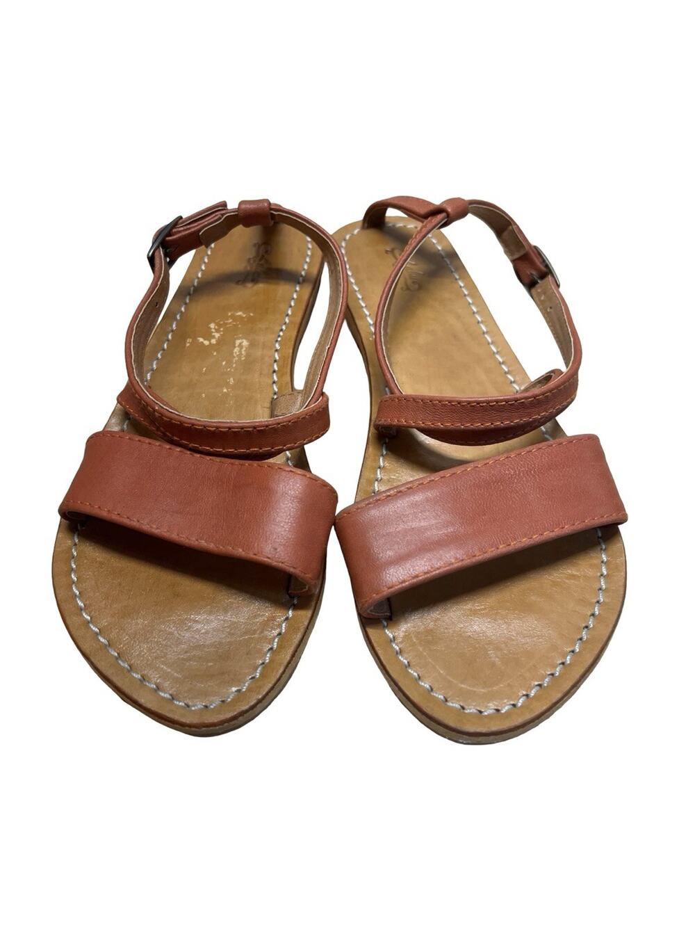Minimalist One Band Ankle Strap Brown Leather Buckle Flat Sandals SZ 6 / 36